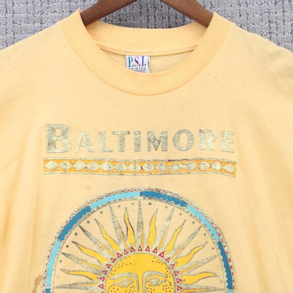 Vintage P.S.I Shirt Mens Large Yellow Short Sleeve Baltimore Sun Graphic Art Y2k - Picture 5 of 9